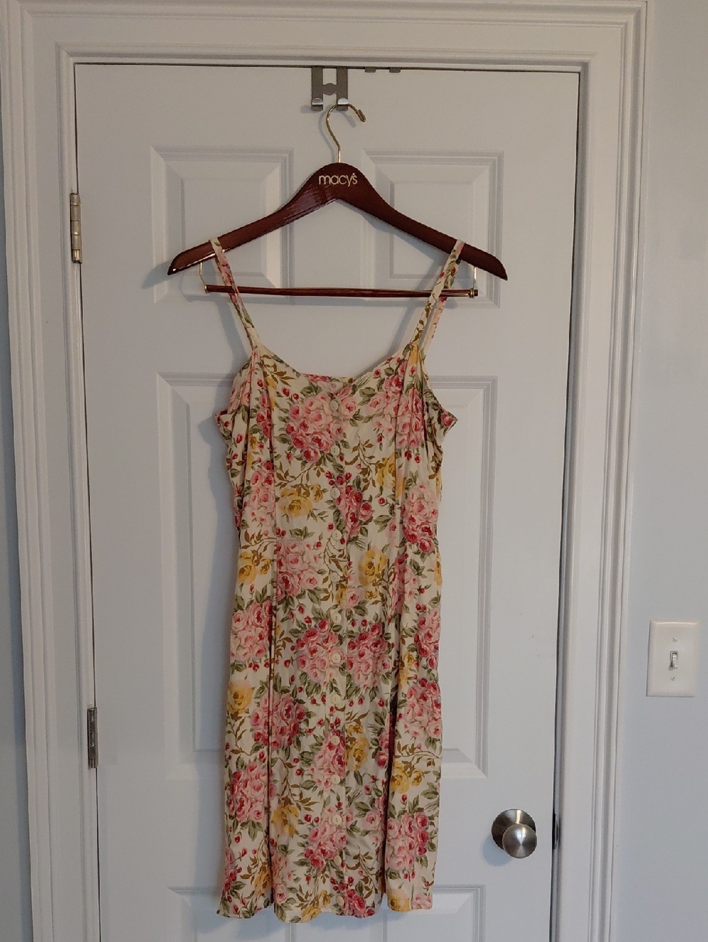 Vintage 80s Avocado Floral Button Up Dress in Cream, Pink & Green, Size 7/8